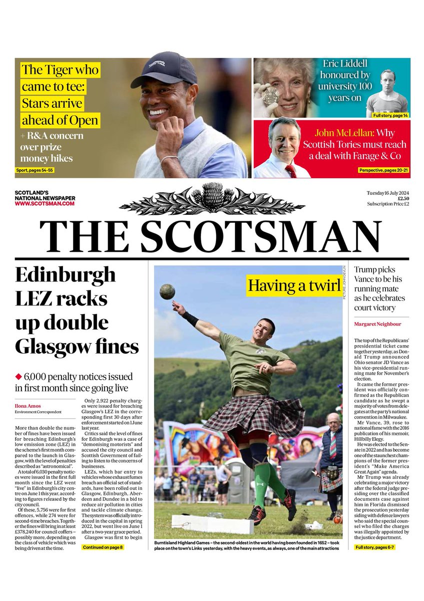 American, Aaron Castle on the front of today's <a href="/TheScotsman/">The Scotsman</a> as he competes in the Burntisland Highland Games. ##staffphotographer