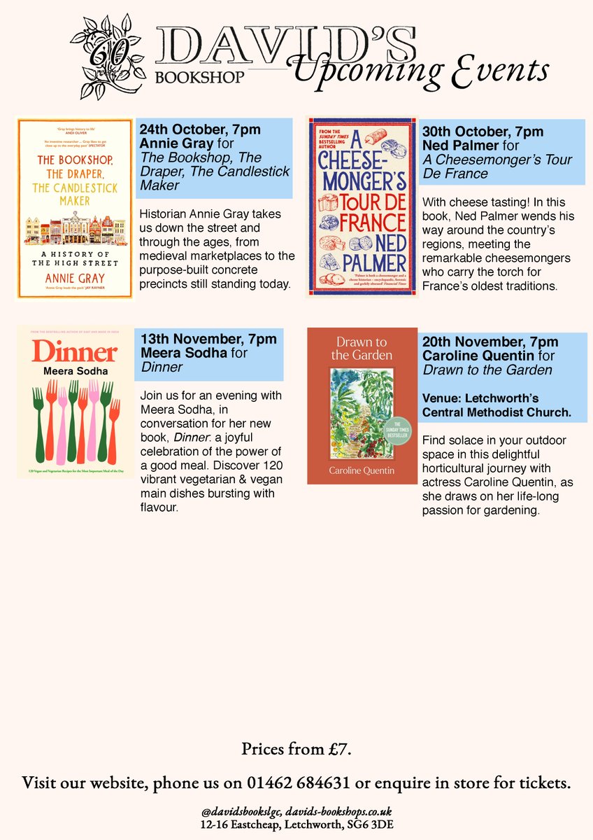 Autumn events for the early-birds. We've got Ben Aaronovitch, Rick Stein, Romy Gill, Meera Sodha, Caroline Quentin coming and many more! Book here: davids-bookshops.co.uk/blogs/news/aut…
