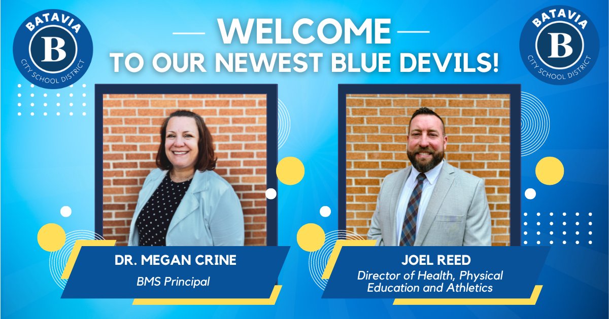 Batavia City School District (@bataviacsd) on Twitter photo Last night, the Board of Education appointed Dr. Megan Crine as Principal of <a href="/BataviaMiddle/">Batavia Middle School</a> and Joel Reed as our newest Director of Health, Physical Education and Athletics.
Read more about Dr. Crine and Mr. Reed: bit.ly/4bJCoHR
Welcome to our newest Blue Devils!💙 Last night, the Board of Education appointed Dr. Megan Crine as Principal of <a href="/BataviaMiddle/">Batavia Middle School</a> and Joel Reed as our newest Director of Health, Physical Education and Athletics.
Read more about Dr. Crine and Mr. Reed: bit.ly/4bJCoHR
Welcome to our newest Blue Devils!💙