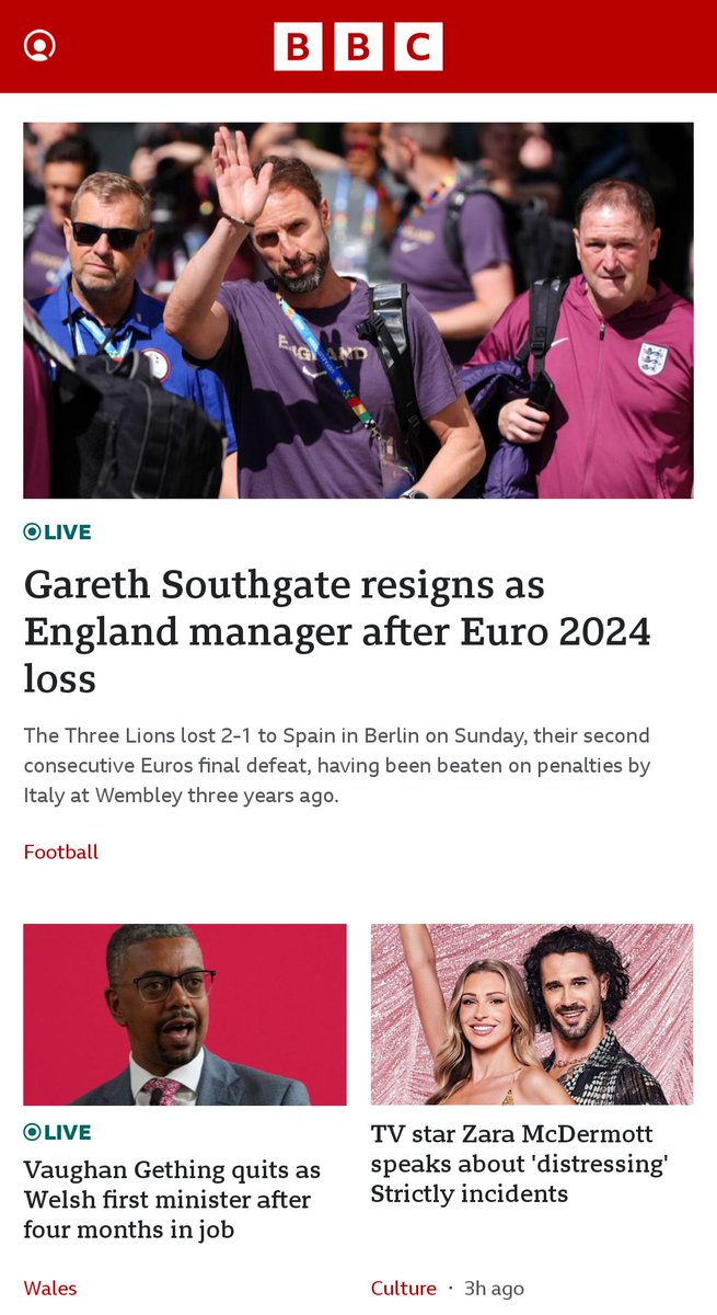elliebgomersall's tweet image. Seems pretty absurd that the resignation of the manager of a football team of one country of the UK is considered a more important news story by the BBC than the resignation of the literal head of government of one of the others.