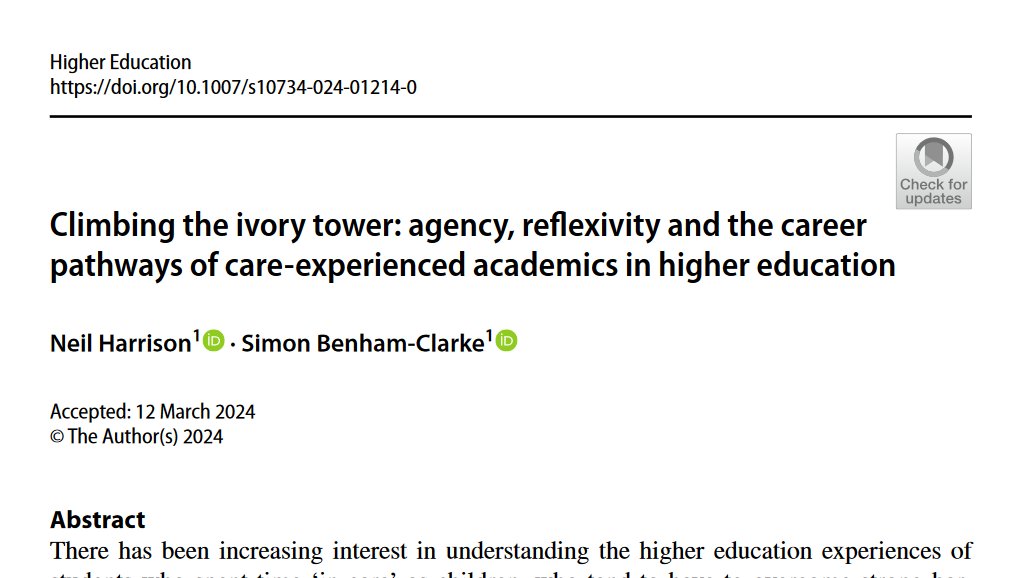 Dr Neil Harrison (@drneilharrison) on Twitter photo 📢🚨📗New publication!
The first article from our study with care-experienced academics (funded by a <a href="/BritishAcademy_/">The British Academy</a> small grant) is now out: link.springer.com/article/10.100…. Sincere thanks to all our participants and others who contributed!
#CEP #HigherEducation #AcademicTwitter 📢🚨📗New publication!
The first article from our study with care-experienced academics (funded by a <a href="/BritishAcademy_/">The British Academy</a> small grant) is now out: link.springer.com/article/10.100…. Sincere thanks to all our participants and others who contributed!
#CEP #HigherEducation #AcademicTwitter