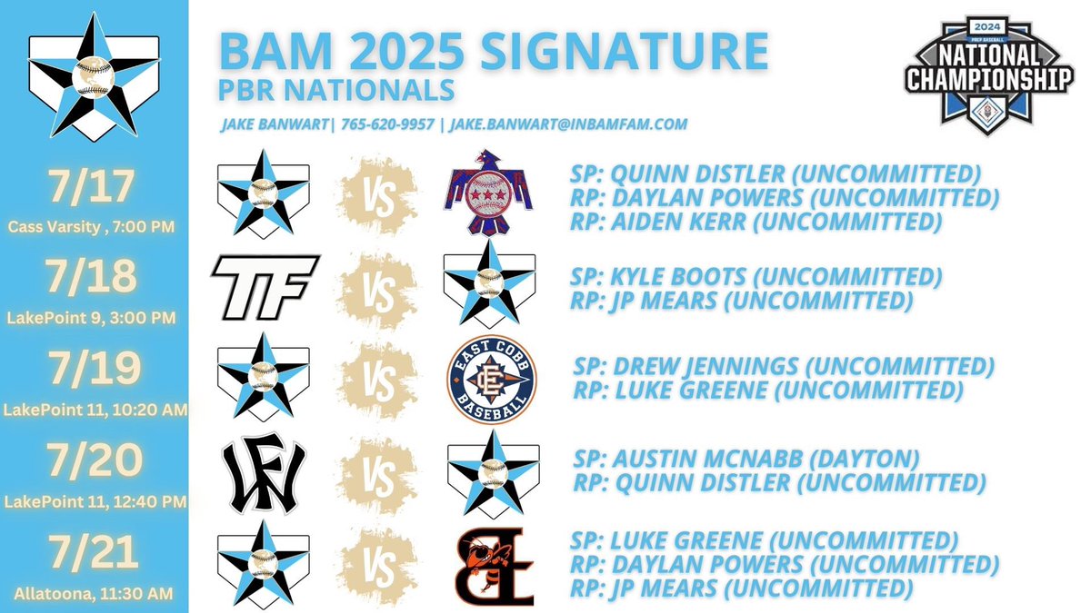 BAM 2025 Signature (@bamsignature25) on Twitter photo Last ride as we head to PBR Nationals at <a href="/LakePointSports/">LakePoint Sports</a>‼️
Pitching plan and schedule below! Get 👀 on these uncommitted arms & position players all week!
<a href="/IN_BAMFAM/">Baseball/Fastpitch Academics Midwest</a> Last ride as we head to PBR Nationals at <a href="/LakePointSports/">LakePoint Sports</a>‼️
Pitching plan and schedule below! Get 👀 on these uncommitted arms & position players all week!
<a href="/IN_BAMFAM/">Baseball/Fastpitch Academics Midwest</a>