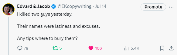 EKcopywriting's tweet photo. We blew up.  

Well, not us, but our post.  

So, let's analyze how we did it so yours can too.

1) Hook
We used a controversial, eye-catching hook that attracted the reader's attention.

2) Body
We explained ourselves with a slight humor that engaged the reader.

3) Question
This part was vital.

It got us the engagement.

We asked an easy-to-answer question that had many creative answers.