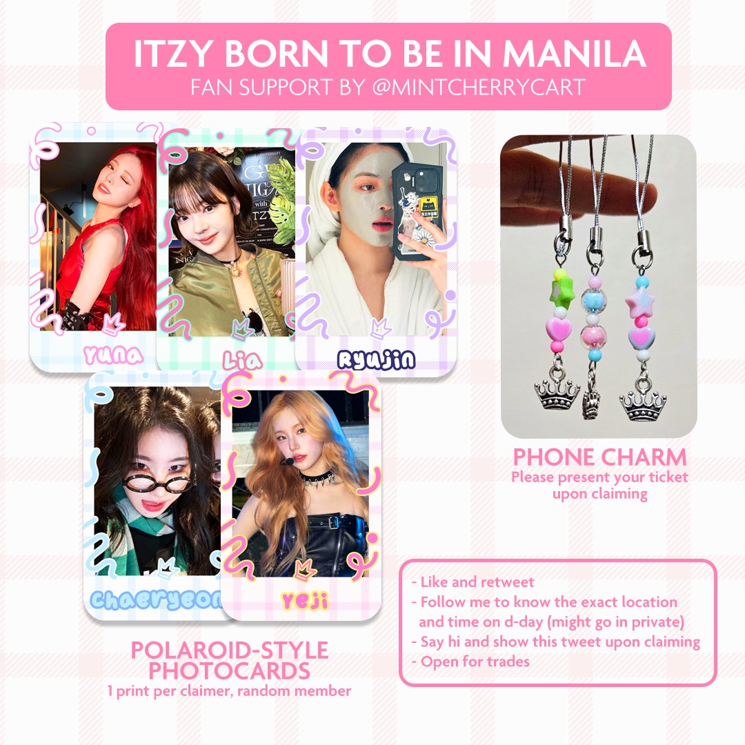 mintcherrycart's tweet image. ✨ Itzy Born to be in Manila ✨
— fan support by @mintcherrycart 

i will be giving away photocards &amp;amp; phone charms for midzys on August 3! ☺️

- location and time TBA
- strictly 1:1
- limited quantity

See you! 🫶

#ITZY_BORNTOBE_MANILA #ITZYinMANILA