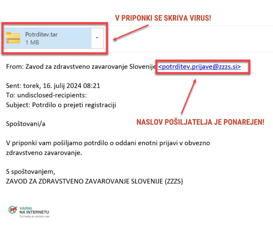 Kroži email, v katerem prevaranti zlorabljajo ime Zavoda za zdravstveno zavarovanje Slovenije. E-mail naslov je ponarejen - sporočila ni poslal ZZZS. V priponki se nahaja trojanec FormBook, ki po odprtju ukrade vsa shranjena gesla z računalnika.
