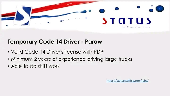 NthabelengDlam3's tweet photo. Our client in Parow is seeking a skilled Temporary Code 14 Driver to join their team. Requirements for this role include a valid Code 14 Driver's license with PDP and at least 2 years of experience driving large trucks.
https://t.co/OJhPdfWRhu #statusstaffing #code14driver https://t.co/2JEVOLZFFT