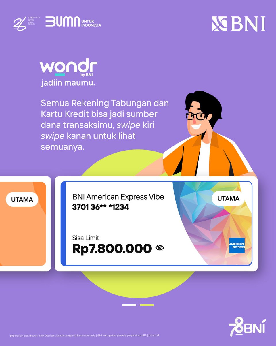 BNI's tweet photo. wondr by BNI tau banget kebutuhan kamu, seperti kebutuhan buat ngecek semua  rekening dan detail kartu kredit BNI kamu. Semuanya ada di homescreen  wondr by BNI tinggal swipe aja deh. 

Yuk jadiin maumu makin gampang dengan wondr by BNI. Download dan aktivasi wondr by BNI di Play Store atau App Store sekarang!⭐

#BNI46
#BUMNuntukIndonesia
#JadiinMaumu