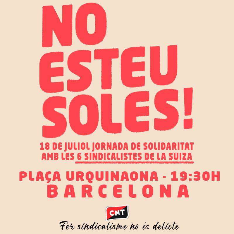 ⚠️ JORNADA DE SOLIDARITAT
📅 Dijous 18 de juliol
⏰ 19:30 hores
📌 Pça. Urquinaona
🗺️  BARCELONA