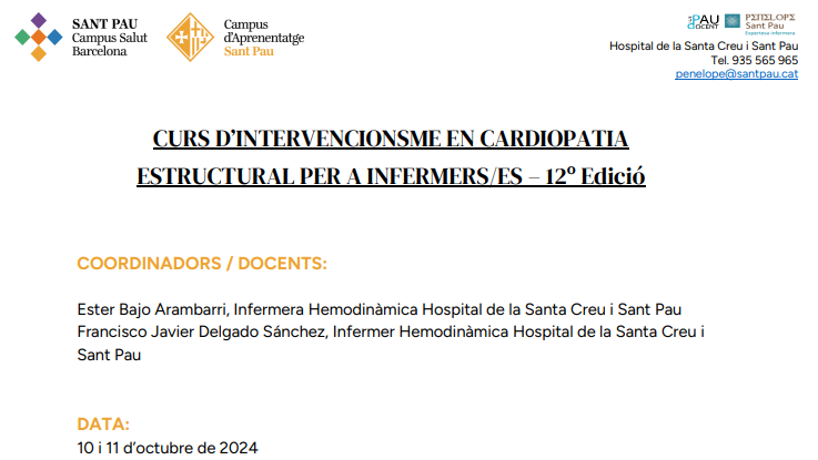 Des de Campus Aprenentatge @HospitalSantPaucompartim la nova edició del curs "CURS D’INTERVENCIONSME EN CARDIOPATIA ESTRUCTURAL PER A INFERMERS/ES"  <a href="/PenelopeSantPau/">PenelopeSantPau</a> #OrgullSantPau <a href="/InfermeriaSPau/">Direcció Infermera Hospital de Sant Pau</a> <a href="/COIBarcelona/">Col·legi d'Infermeres i Infermers de BCN (COIB)</a>
Preinscripcions: docencia.recercasantpau.cat/ca/enllac-a-in…