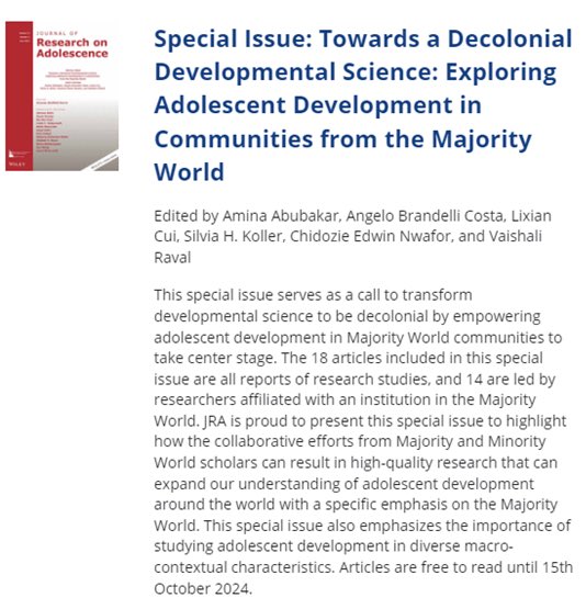 Vaishali Raval (@vaishaliraval4) on Twitter photo #SpecialIssue organized by the #International committee of <a href="/SRAdolescence/">Society for Research on Adolescence</a> is out, advocating to create space at the center of developmental science for adolescent development research in the Majority World. onlinelibrary.wiley.com/toc/15327795/c…
#Decolonial #AcademicTwitter 🧵 #SpecialIssue organized by the #International committee of <a href="/SRAdolescence/">Society for Research on Adolescence</a> is out, advocating to create space at the center of developmental science for adolescent development research in the Majority World. onlinelibrary.wiley.com/toc/15327795/c…
#Decolonial #AcademicTwitter 🧵
