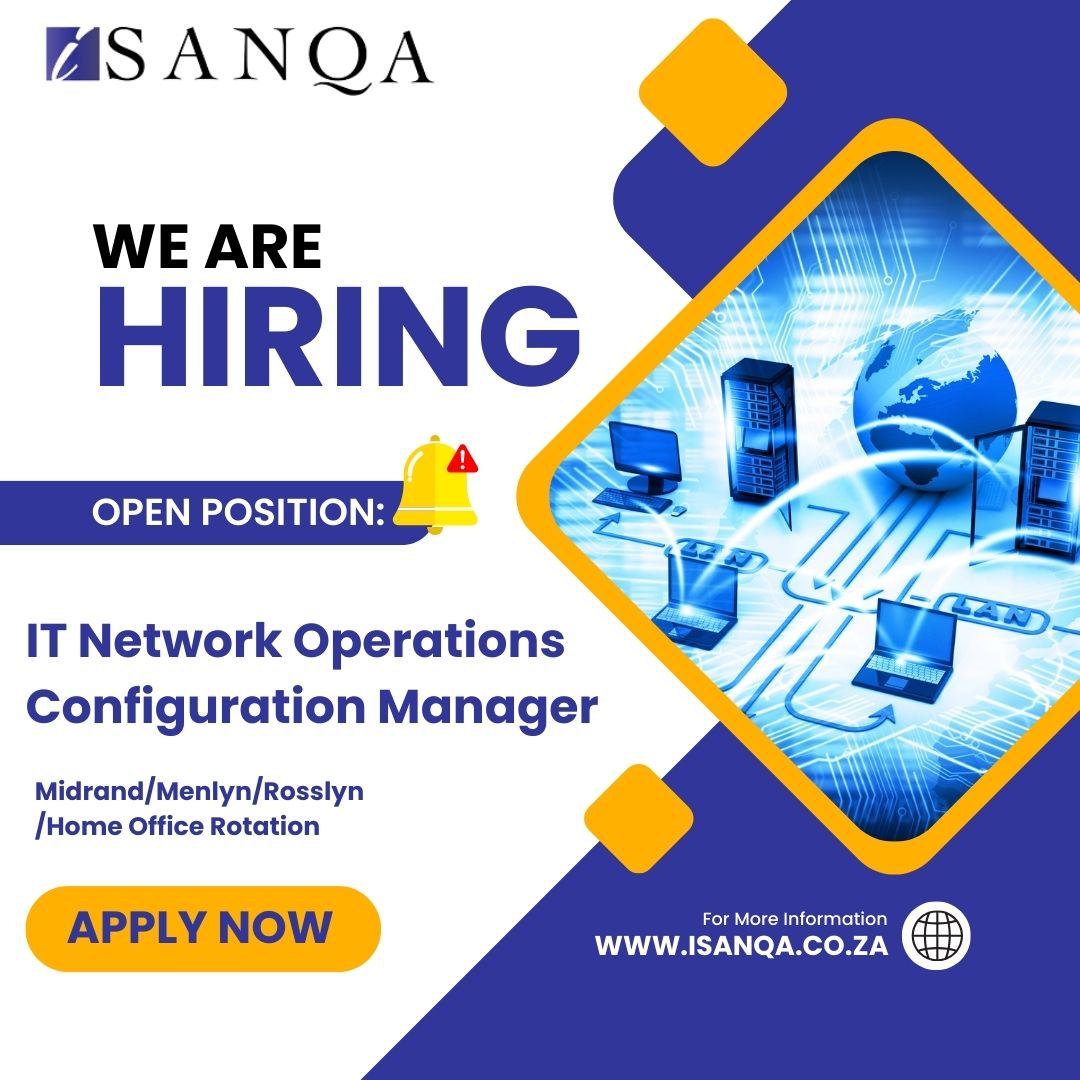 iSanqaJobs's tweet image. 🚀 Exciting new role as an IT Network Operations Configuration Manager! 🚀
 Apply now and become a part of a dynamic team👉 careers.isanqa.co.za/jobs/job_descr…   #isanqa #isanqajobs #ITNetworkOperations #NetworkInfrastructure #ITInfrastructure #FuelledbyPassionIntegrityExcellence