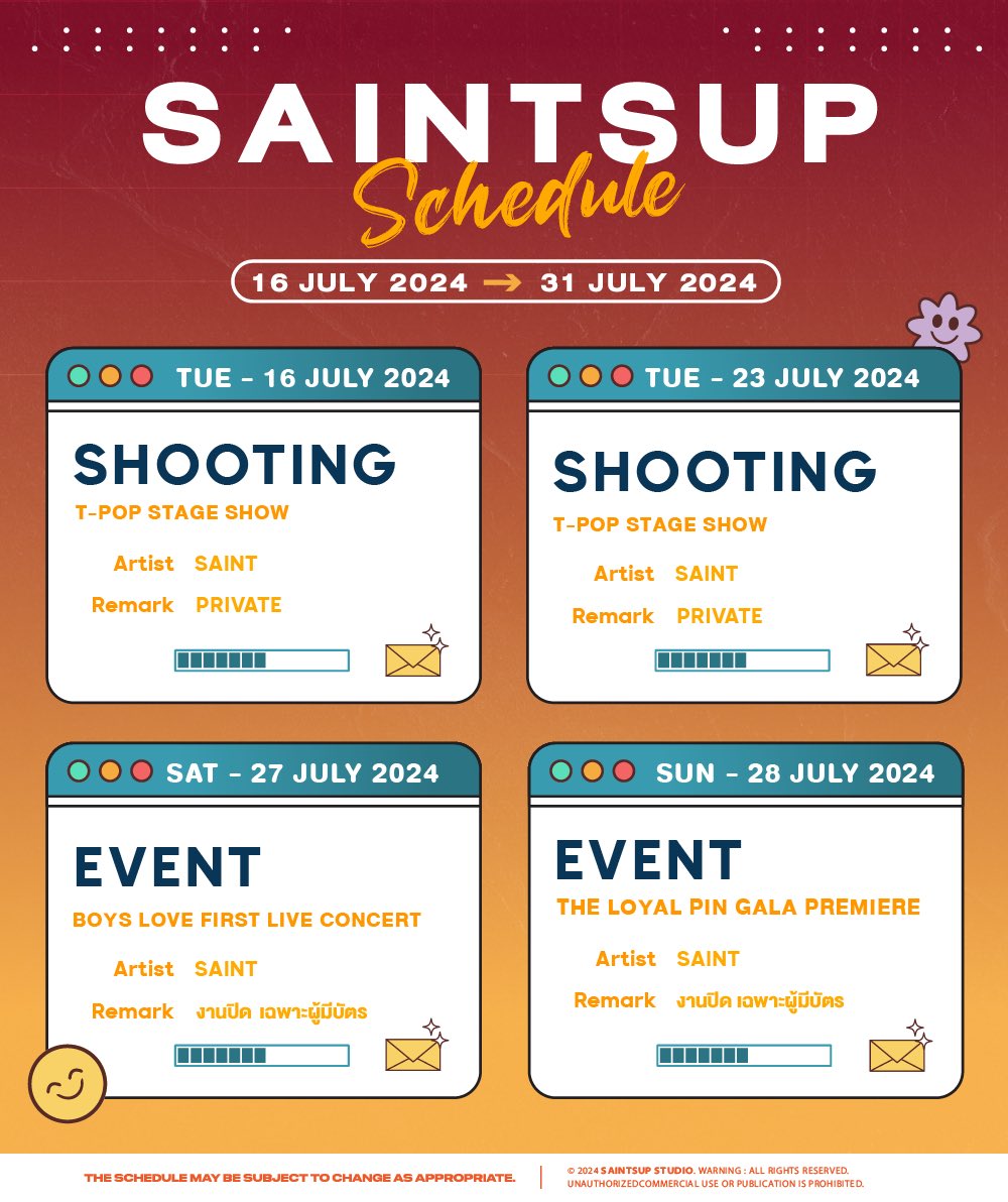 【 SAINTSUP SCHEDULED 】

🗓️ 16.07.2024 - 31.07.2024
⚠️ ตารางงานอาจมีการเปลี่ยนแปลง    

#Saint_sup #MingEr    
-----------------------------------  
- Forwork -  
📨 forwork@saintsup.net
📞 064-329-1999