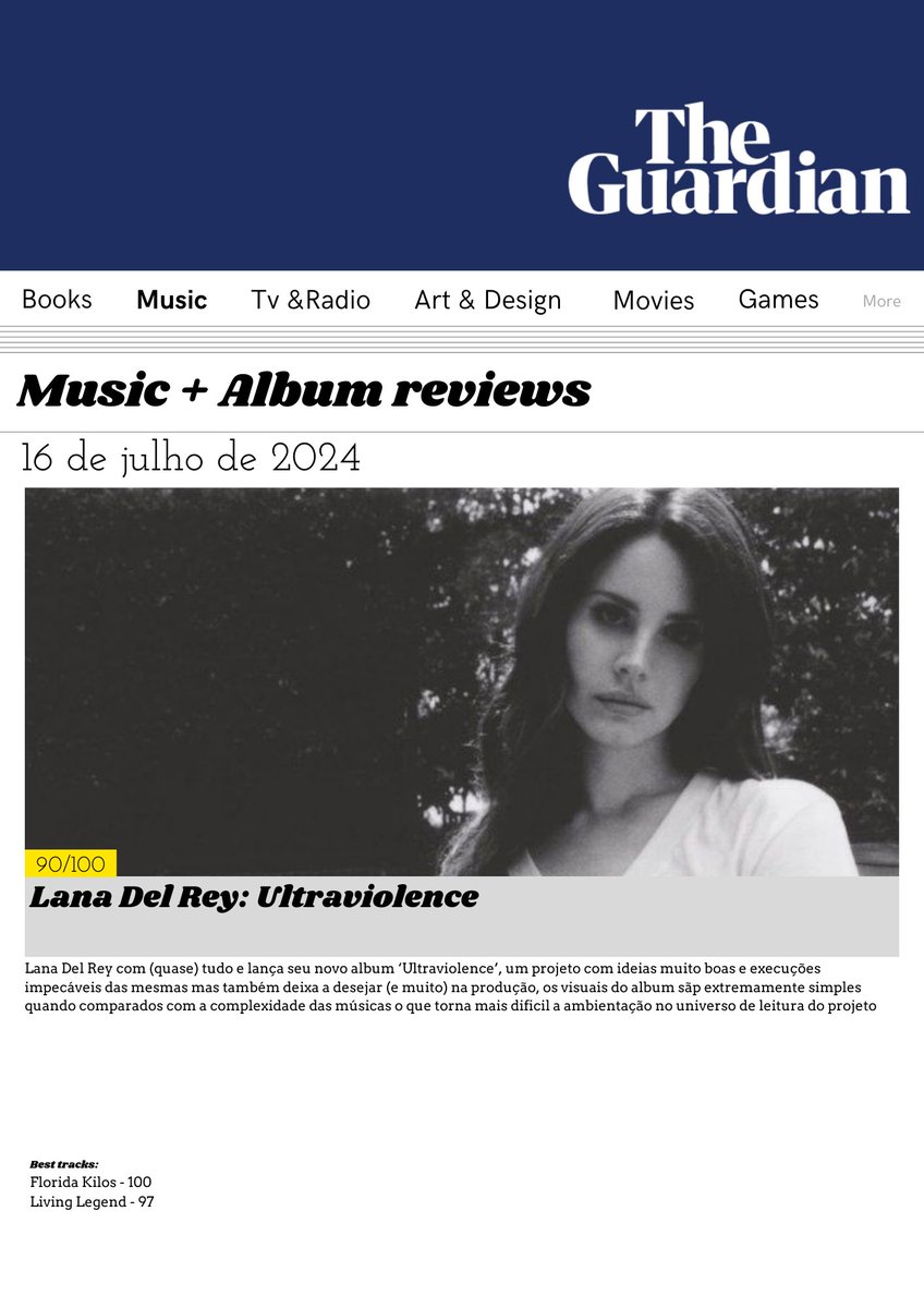 The Guardian Review 
Ultraviolence - Lana Del Rey

90/100