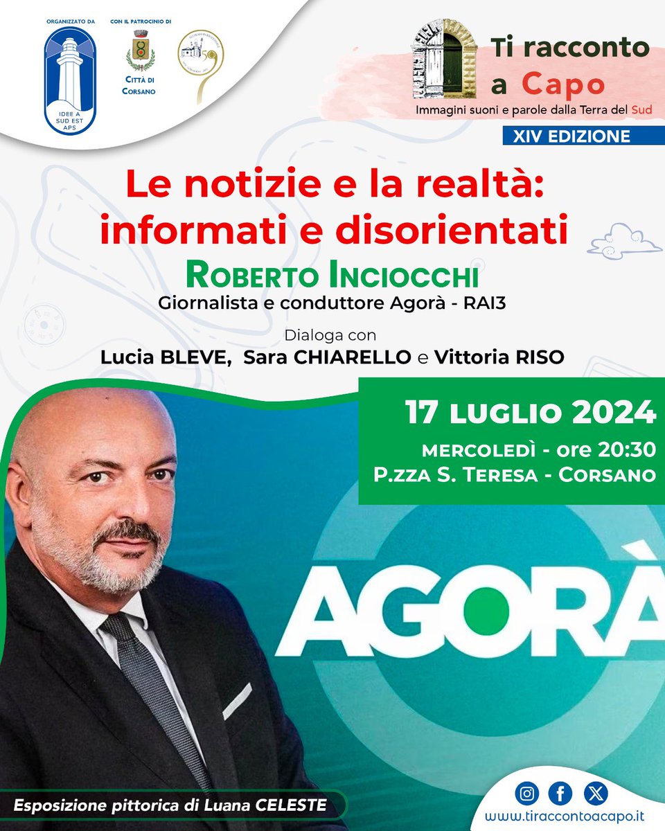 “𝐿𝑒 𝑛𝑜𝑡𝑖𝑧𝑖𝑒 𝑒 𝑙𝑎 𝑟𝑒𝑎𝑙𝑡𝑎̀: 𝑖𝑛𝑓𝑜𝑟𝑚𝑎𝑡𝑖 𝑒 𝑑𝑖𝑠𝑜𝑟𝑖𝑒𝑛𝑡𝑎𝑡𝑖” con 𝐑𝐨𝐛𝐞𝐫𝐭𝐨 𝐈𝐧𝐜𝐢𝐨𝐜𝐜𝐡𝐢,

📆𝐌𝐞𝐫𝐜𝐨𝐥𝐞𝐝𝐢̀ 𝟏𝟕 𝐥𝐮𝐠𝐥𝐢𝐨
⏱️ 𝟐𝟎:𝟑𝟎 
📍Piazza Santa Teresa, #Corsano 

#ideeasudest #tiraccontoacapo