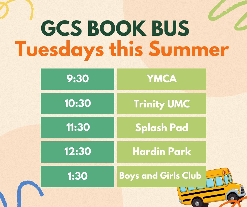 The book bus is back on schedule today and next week! (July 16 &amp; 23, 2024) 
We look forward to seeing everyone on our scheduled stops!