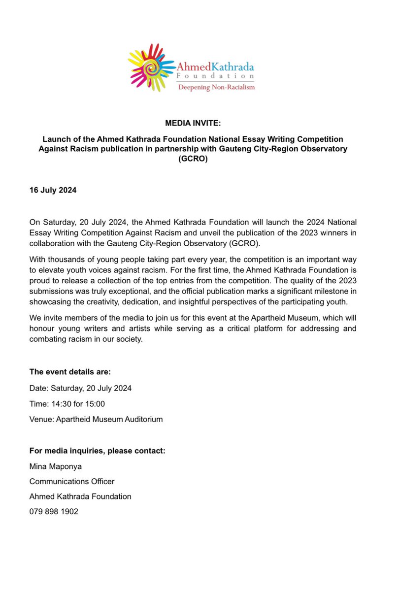 MEDIA INVITE | Launch of the Ahmed Kathrada Foundation National Essay Writing Competition Publication in partnership with <a href="/GCR_Observatory/">GCRO</a>. 

📍: Apartheid Museum Auditorium
🗓️: Saturday, 20 July 2024
⏰: 14:30 for 15:00
RSVP: 079 898 1902 / makomagmaponya@gmail.com