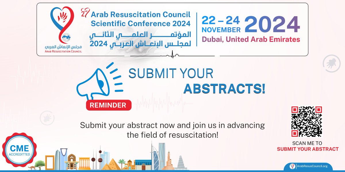 ArabResusC's tweet photo. This is your reminder to submit your abstract to the 2nd ArRC Scientific Conference. Hurry up and submit by Sunday, 30 August!

Scan the QR Code or visit our website.

#CallForAbstracts
#ArRC24
#ArabResuscitationCouncil
#معا_ننقذ_حياة
#مجلس_الانعاش_العربي https://t.co/mavQ14ZgEZ