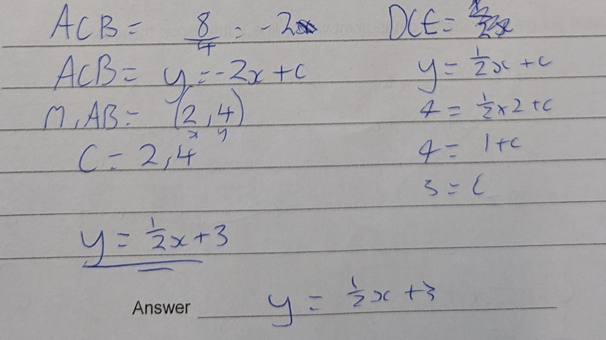 Last week, Mr Hamshaw's Year 9 class were looking at some coordinate geometry GCSE exam questions.
Take a look at these fantastic solutions from Isaac H and Matthew A-A.