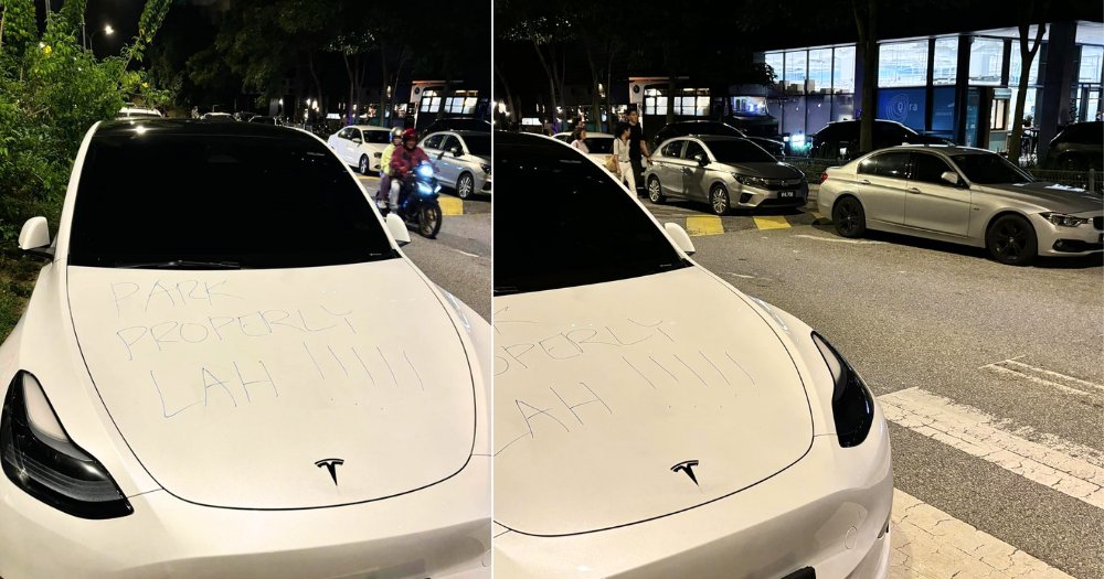 MothershipSG's tweet photo. 'Park properly lah!!!!!' scrawled across white Tesla's hood after parking on zebra crossing in KL https://t.co/V8XTFSQmYD https://t.co/Pnxyo6YHgd