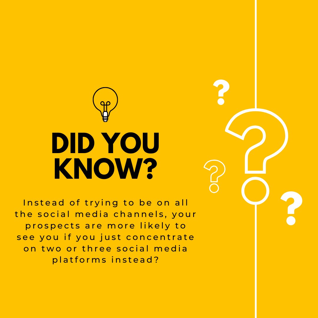 excthink's tweet photo. Did you know instead of trying to be on all the social media channels, your prospects are more likely to see you if you just concentrate on two or three social media platforms instead? https://t.co/0LkUpxHTZQ