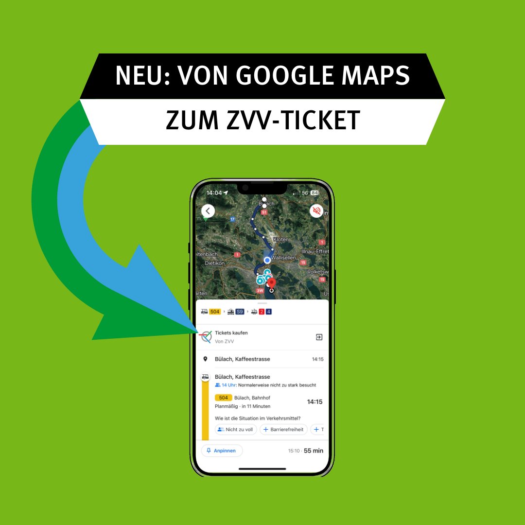 Neu gelangst du von Google Maps aus direkt zum ZVV-Ticket. Bei einer Suchanfrage auf Google Maps wird das ZVV-Logo oberhalb der öV-Verbindung angezeigt. Mit einem Klick aufs Logo kommst du direkt zum passenden Ticket in der ZVV-App. 📲
sohub.io/8nen