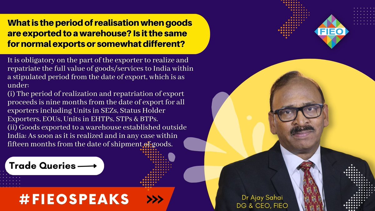 FieoHq's tweet photo. #TradeQueries
Q. What is the period of realisation when goods are exported to a warehouse? Is it the same for normal exports or somewhat different?
#FIEOSpeaks #exports #imports #period #realisation #internationaltrade #warehouse #SEZs #EOUs #STPs #BTPs #EHTPs #StatusHolders https://t.co/EHwcaRf9Vx
