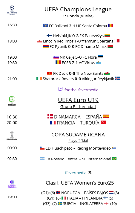 FFevermedia's tweet photo. #AgendaFF Martes 16 de julio
Vuelta de 1ª ronda #UCL #ChampionsLeague
+ Ida de playoffs de #CopaSudamericana🌎
+ #U19EURO
+ Última jornada de clasificación a la #WEURO 2025
#WEURO2025 #EuroSub19 #EuroU19 #Ballkani #HJK #Dečić #Shamrock #Pyunik #Víkingur #Huachipato #Inter https://t.co/8oVO5e22Zc