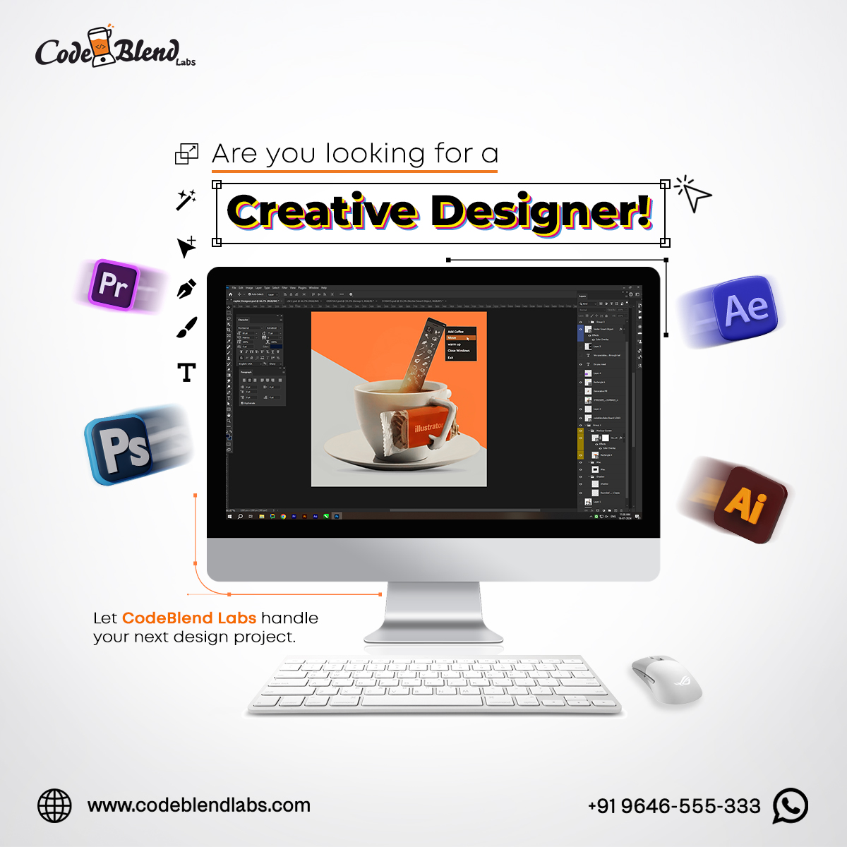 Codeblendlabs's tweet photo. Your search for  creative designer ends here. Codeblend Labs provides expert designing services tailored to your needs.
👉 DM us or give us a call at +91 9646555333 to discuss your requirements
#codeblend #cbl #codeblendlabsteam #graphicdesigner #creativity #itcompany #business https://t.co/Co0HjEpyE2