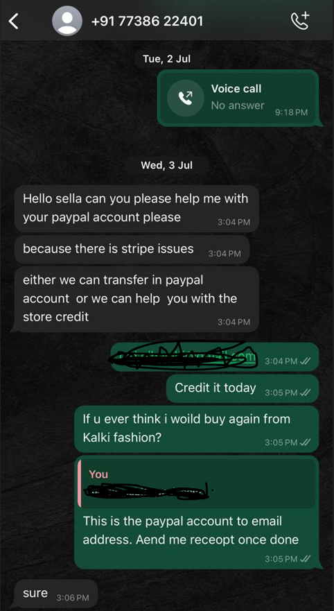 sellamanian's tweet photo. @kalkifashion @kalkifashion1 #KALKICeleb is a super scam. I still have not received my refund since Feb24. I hope @globalfashion @indiafashion and celebs will voice this out and boycott this brand. https://t.co/GPPiaoFjze