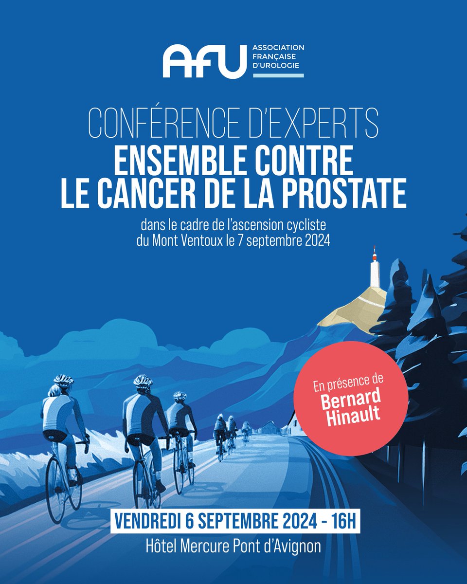 Association Française d'Urologie - AFU (@afurologie) on Twitter photo MONT VENTOUX 3 - Conférence d'experts pour le grand public 📢
Objectif : parler de l'effet du sport dans l’évolution du cancer de la prostate et des nouveautés dans le diagnostic et le traitement de ce dernier.
Inscriptions : forms.gle/7fpJkUPcGySrsY…
<a href="/delataillealex/">Pr. Alexandre de La Taille</a> MONT VENTOUX 3 - Conférence d'experts pour le grand public 📢
Objectif : parler de l'effet du sport dans l’évolution du cancer de la prostate et des nouveautés dans le diagnostic et le traitement de ce dernier.
Inscriptions : forms.gle/7fpJkUPcGySrsY…
<a href="/delataillealex/">Pr. Alexandre de La Taille</a>