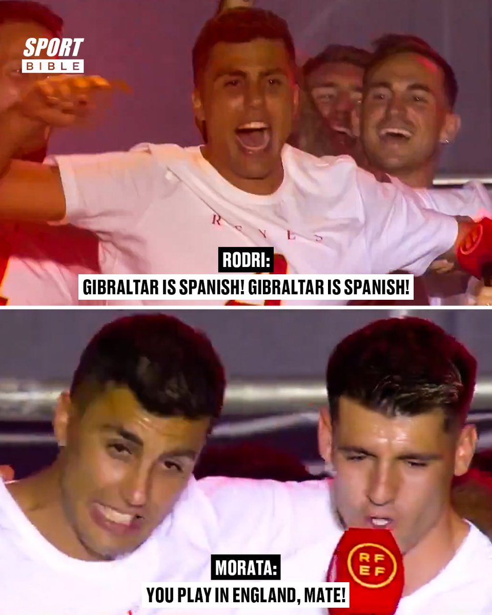 sportbible's tweet image. Rodri chanted “Gibraltar is Spanish!” during Spain’s EURO 2024 trophy parade before being interrupted by Alvaro Morata 😂🇪🇸