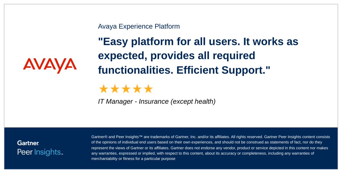 An IT Manager in the Insurance (except health) Industry gave Avaya Experience Platform 5/5 Rating in Gartner Peer Insights™ #ContactCenter as a Service Market.

Read the full review here: gtnr.io/2ZhAq1MVc #gartnerpeerinsights