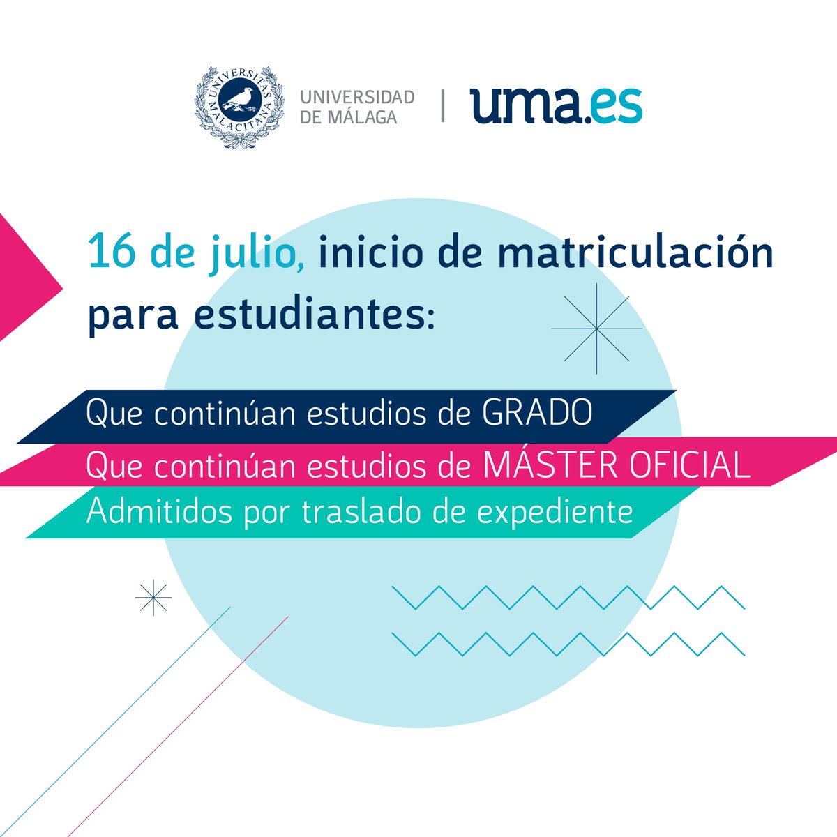 Hoy, 16 de julio, comienza la matriculación✍️ para estudiantes:

👩‍🎓Que continúan estudios de #Grado (apellidos entre GABA y RODRÍGUEZ): grado.automatricula.uma.es

🧑‍🎓Que continúan #Máster: master.automatricula.uma.es

👨‍🎓Admitidos/as por Traslado de Expediente: procedimiento presencial.