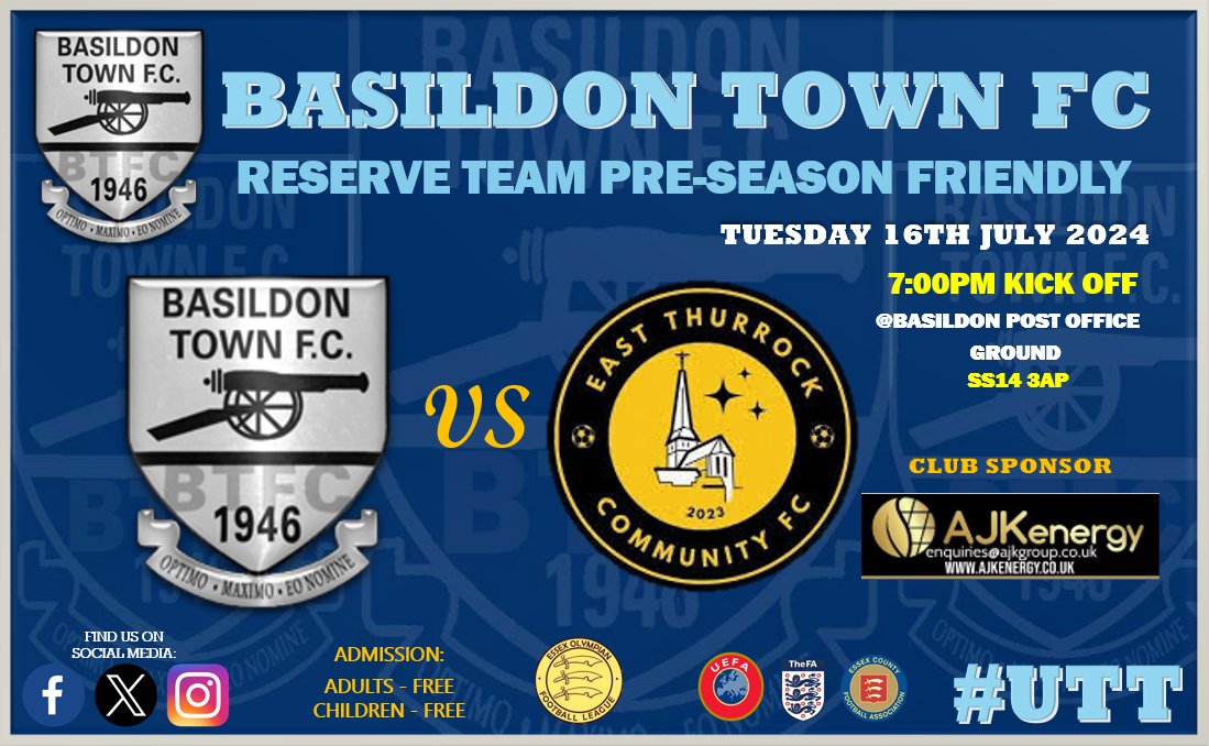 🟦⬜️🔥 MATCHDAY 🔥⬜️🟦

⭐️ 2ND RESERVE TEAM PRE-SEASON MATCH ⭐️

⏳ TODAY ⏳

🔵⚪️  SENIOR MENS RESERVE TEAM 🔵⚪️
🚨 2024/25 🚨
⚽️ PRE-SEASON FOOTBALL
<a href="/BasTownFC/">Basildon Town FC</a>  vs <a href="/EastThurrockCFC/">East Thurrock Community Football Club</a>
📆TUE 16TH JULY
🏟 Basildon Post Office Ground
⚽️ K.O 7:00pm
All Support welcome

🔵⚪️ #UTT 🔵⚪️