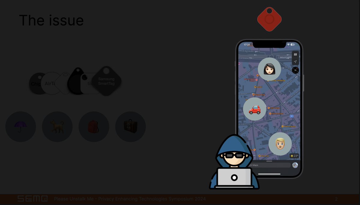 Sn0wfreeze's tweet image. Today I'm going to present our latest publication "Please Unstalk Me" at PETS. A paper about the ongoing stalking attacks with Bluetooth trackers like Apple AirTags, Tile and Samsung SmartTags.
petsymposium.org/popets/2024/po…
#PETS24 #Stalking #AirTag