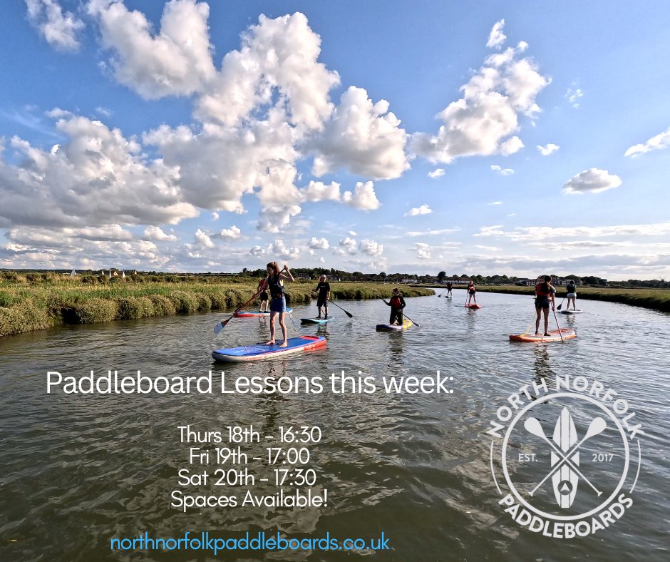 Paddle Board beginners lessons this week:
Thursday 18th 16:30
Friday 19th 17:00 
Saturday 20th 17:30
Spaces available!
To book your lesson 👇🏼

northnorfolkpaddleboards.co.uk/lessons-tours?…