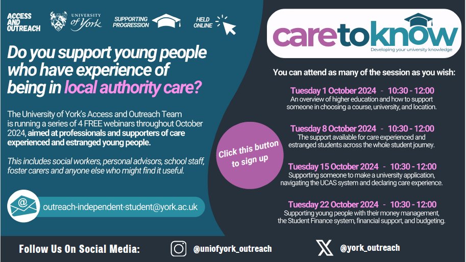 Jonny Hoyle (@jonnyhoyle1) on Twitter photo The team <a href="/york_outreach/">University of York Outreach</a> are running free Webinars to help #CareExperienced young people, #SocialWorkers and #FosterCarers navigate all things Higher Education. They are a brilliant team and these events will be great! The team <a href="/york_outreach/">University of York Outreach</a> are running free Webinars to help #CareExperienced young people, #SocialWorkers and #FosterCarers navigate all things Higher Education. They are a brilliant team and these events will be great!