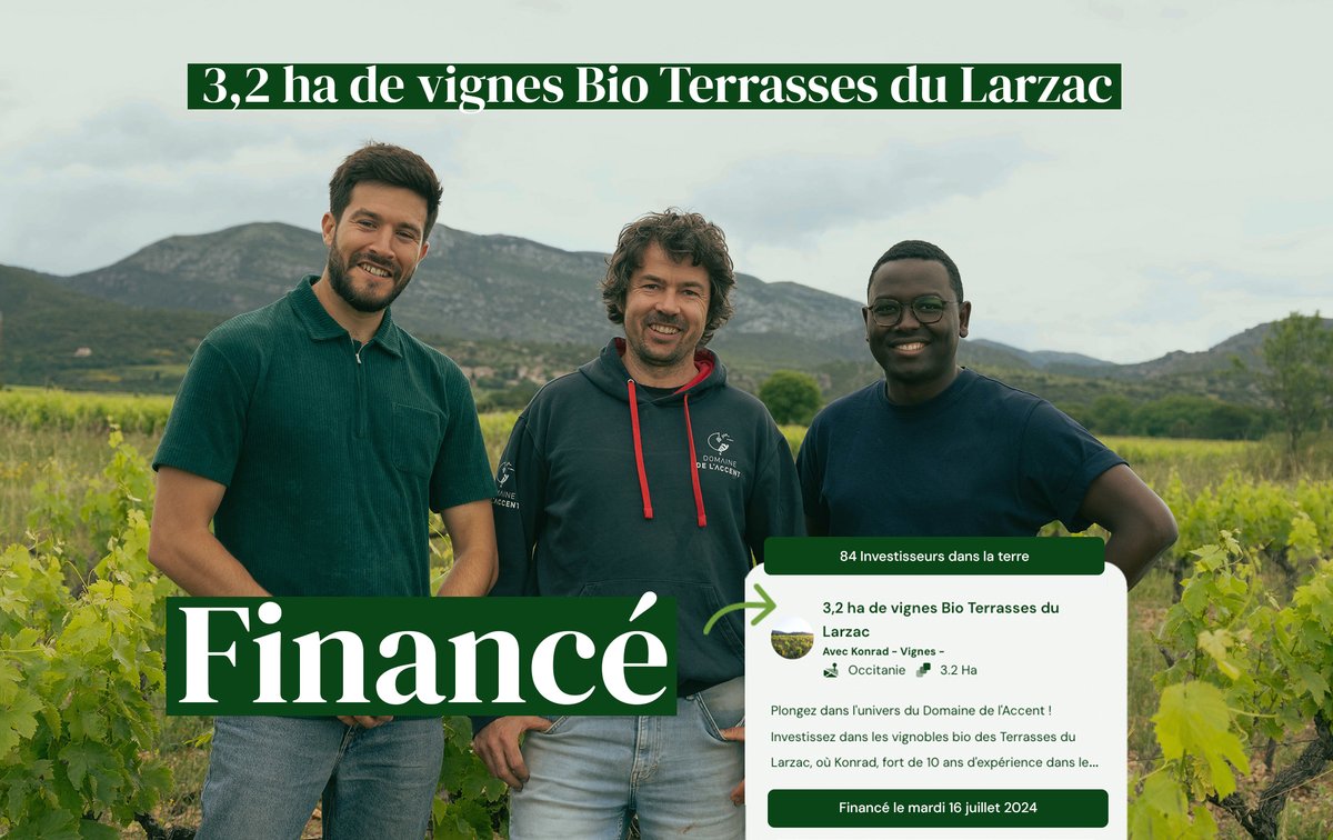 clubhectarea's tweet photo. 🎉​ Objectif atteint : 117 000 € financés sur Hectarea pour soutenir Konrad, vigneron œnologue du Domaine de l'Accent 

🤝 Une belle victoire : 84 citoyens investisseurs mobilisés, 1 projet viticole en Bio soutenu, 1 agriculteur engagé financé, des hectares de terre qui vont reprendre vie !
#investir #agriculture