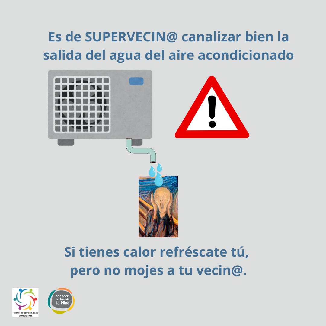 Ja està aquí l'estiu i la calor es fa notar, és hora d'encendre l'aire condicionat, però sobretot de tenir cura per a que no afecti a la comunitat. Canalitzem la sortida de l'aigua del nostre aparell i convidem als/les veïnes a resfrescar-se una estona amb nosaltres 🪭