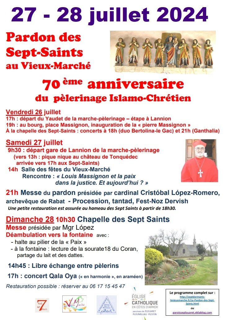 Pardon breton et islamo-chretien de Vieux-Marché du 26 au 28 juillet prochain. Découvrez le programme : 70e anniversaire avec le Cardinal Lopez Romero, archevêque de Rabat. <a href="/Eglisecatho/">Église catholique en France</a> relations-catholiques-musulmans.cef.fr