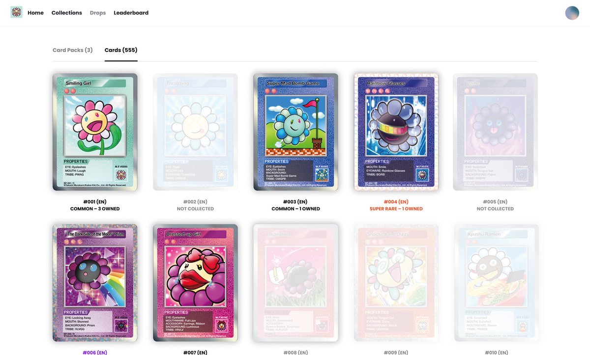 Thank you for minting 72,000 108 Flowers NFTs!

We have now released an additional feature that lets you see which cards are missing from your collection at a glance.
With this feature, the cards you don’t yet own will be displayed in white, making it clear what you need to