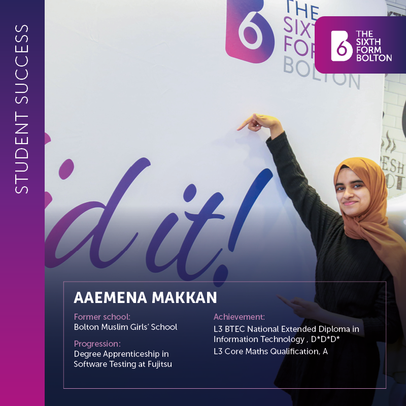 thesixthformB6's tweet photo. 🌟 STUDENT SUCCESS 🌟
Former @GirlsBolton School student, Aaemena, achieved Triple Distinction * in her Vocational Level 3 Information Technology and is now completing a Degree Apprenticeship with @fujitsu_uk
#B6Success https://t.co/NJOfO9ojDA