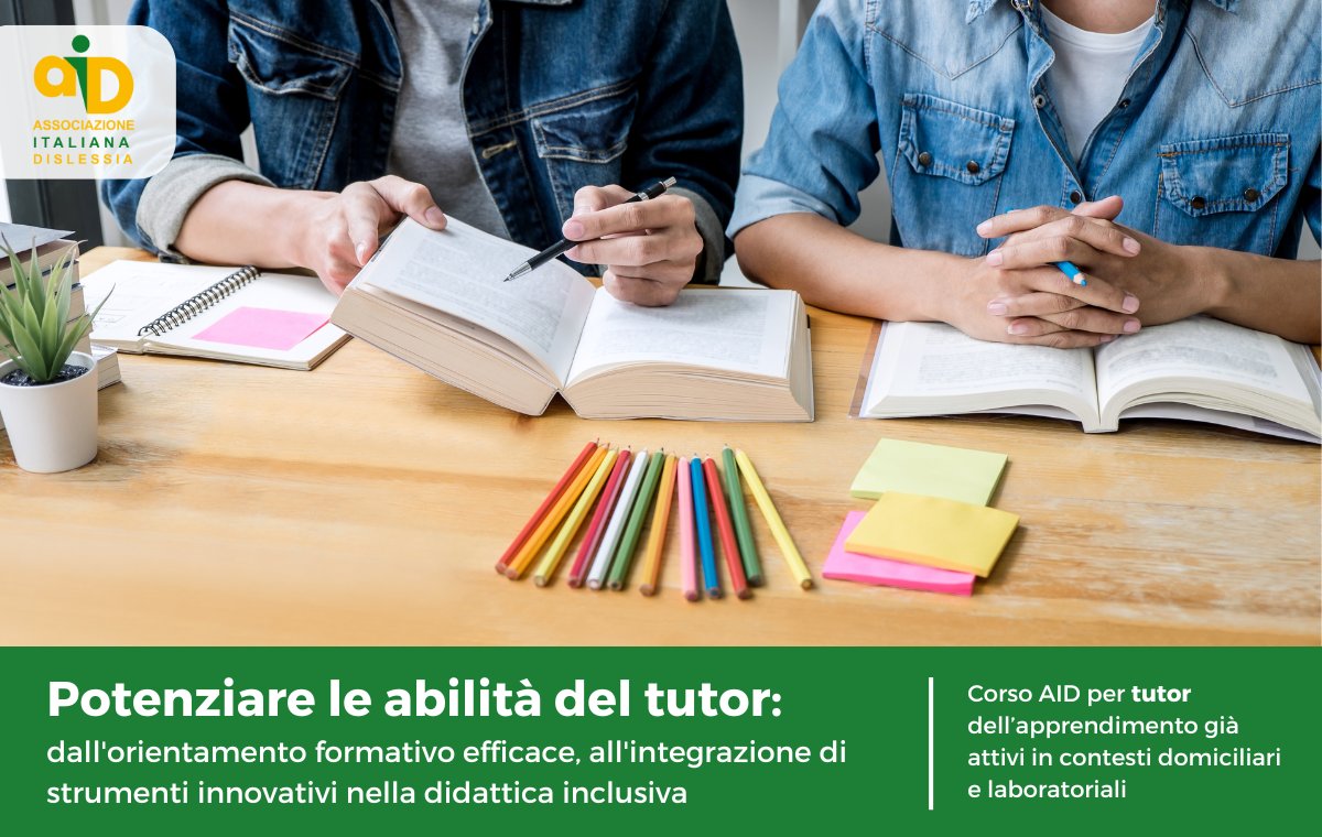Da oggi sono aperte le iscrizioni al #corso "Potenziare le abilità del tutor: dall'orientamento formativo efficace, all'integrazione di strumenti innovativi nella didattica inclusiva", rivolto a #tutor già operativi in contesti domiciliari e laboratoriali
bit.ly/tutor_2024_aid