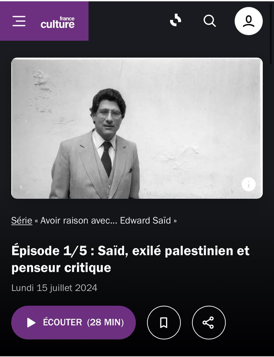« J’étais très pris par le fait d’être arabe » disait il. 

Faire une série « Avoir raison avec Edward Saïd » c’est la meilleure idée de l’année. Cinq épisodes sur l’homme et la pensée à écouter absolument 

radiofrance.fr/franceculture/…
