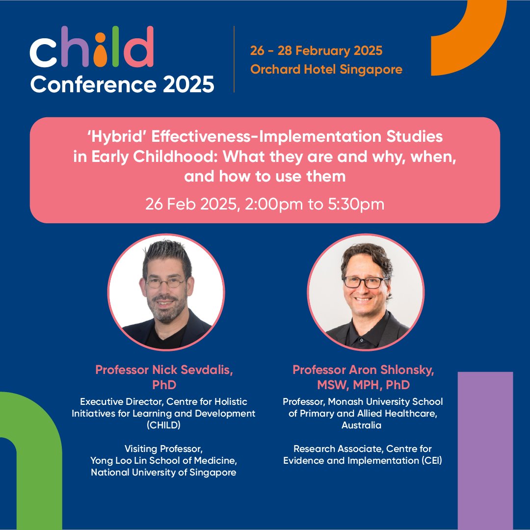 Presenting two pre-conference workshops for #CHILDConference2025! More details about the workshops can be found here: childconference.com/2025-programme

Register your interest now at forms.office.com/r/fAWjvz4hek

#theCHILDSG #EarlyChildhood #ChildDevelopment #EvidenceBased