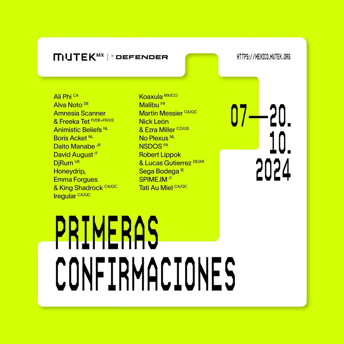 Primeras confirmaciones para el 20 aniversario de MUTEK México. Un intenso crossover entre las generaciones y narrativas que se han desarrollado a la par del Festival y las que comienzan a surgir en el panorama contemporáneo.

Más info en el enlace: bit.ly/4eVCpeu