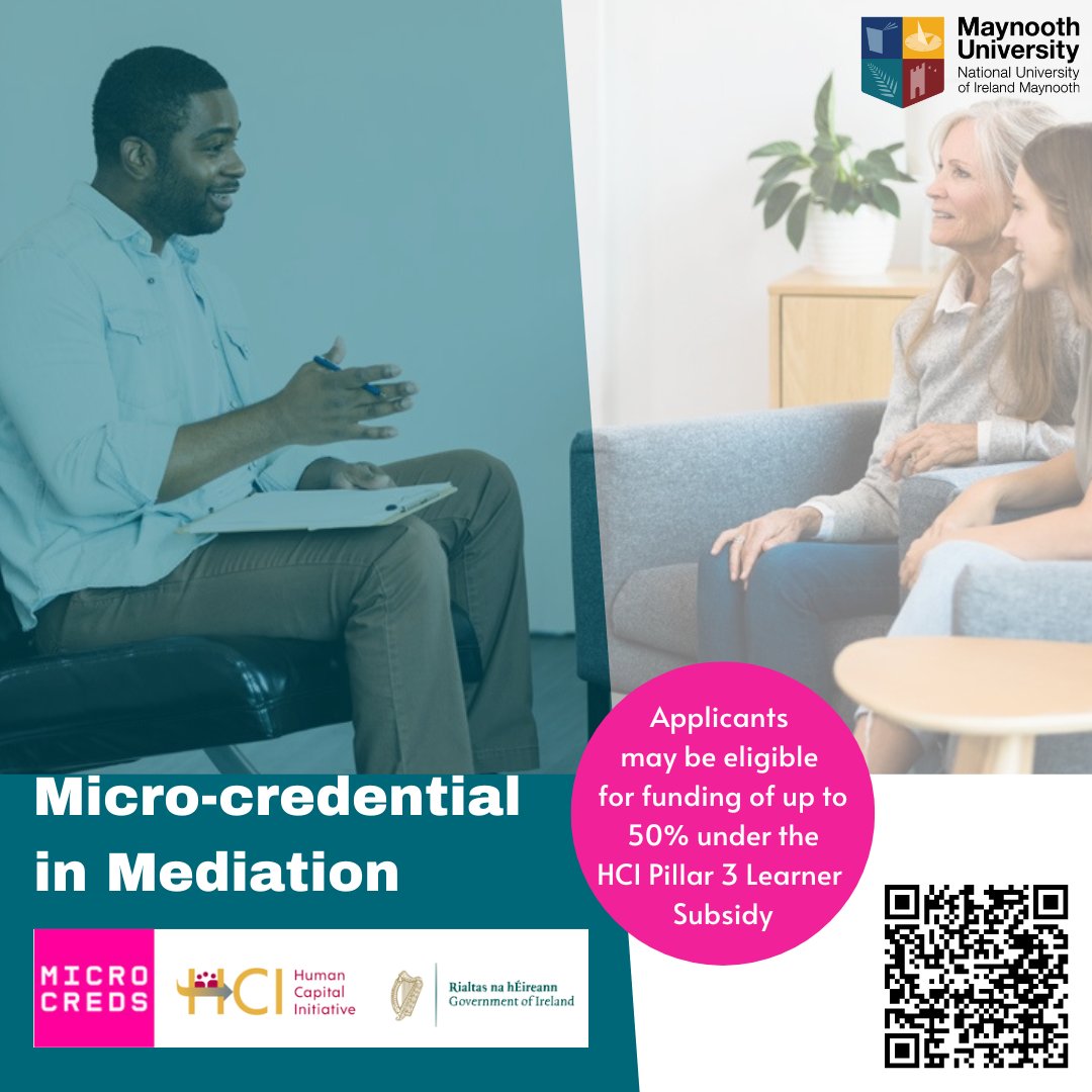 MaynoothLaw's tweet photo. Still time to apply for the #maynoothlaw #Microcred in #mediation. 

Applicants may be eligible for funding of up to 50% under the HCI Pillar Learner Subsidy
Closing date 7 September

For full details see: https://t.co/JriQiLP3yQ

@treasa_kenny @MU_PostGrad @MicroCreds https://t.co/H9eORjoxis