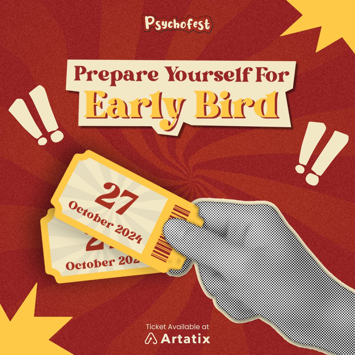 PsychofestUSD's tweet photo. Yuk persiapkan diri kalian, early bird akan segera dibuka!🗓️👀
Catat tanggalnya, kuota early bird TERBATAS jadi jangan sampai kehabisan yaa‼️😉
#konserjogja #eventyogyakarta #eventyk #infoeventjogja #jogjaevent #yogyakarta #usd #konsermusik #infokonser #acarajogja https://t.co/yIuppZvTro