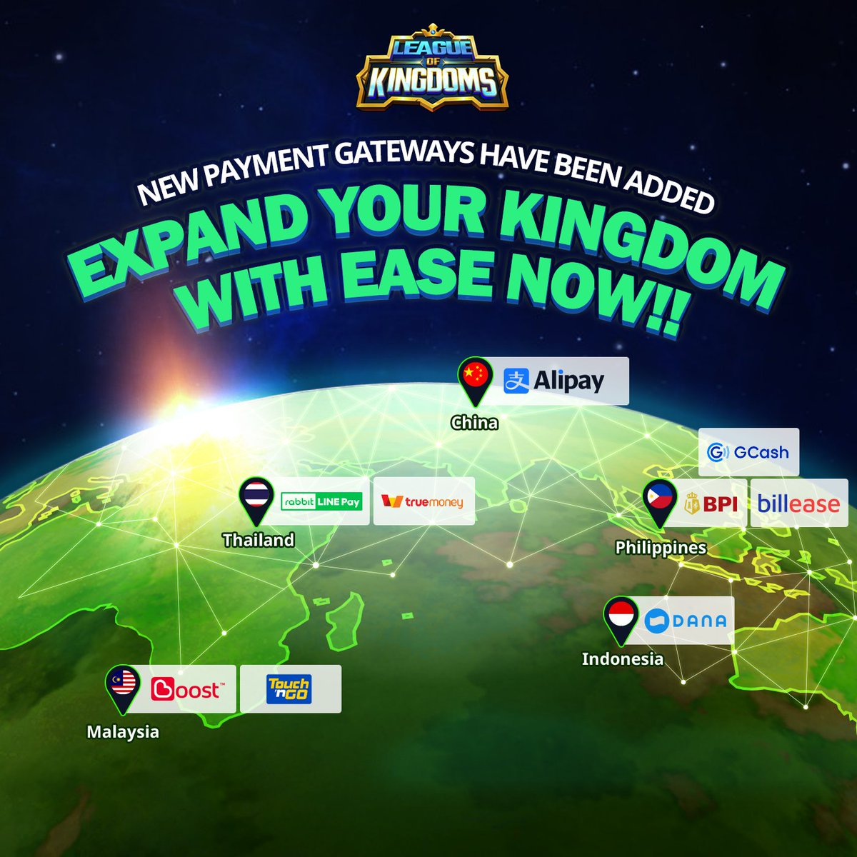 lokverse's tweet photo. Expand Your Kingdom with Ease Now!

The addition of new Payment Gateways is finally live, providing convenience for our Southeast Asian users.
To celebrate the new update, we are giving away bonus Lootboxes and $LOKA!

🗓️ July 16 - July 30, 01:00 UTC+0
1️⃣ Purchase any in-game item with new PGs and get a bonus Lootbox.
2️⃣ Complete 2-min missions for $LOKA
🏆 Bonus Lootbox (everyone) & 1000 $LOKA (10 winners)

Rewards will be distributed after the campaign ends.
Check LOK Discord Announcement for more details 👇
https://t.co/wqFGZvYXEh
