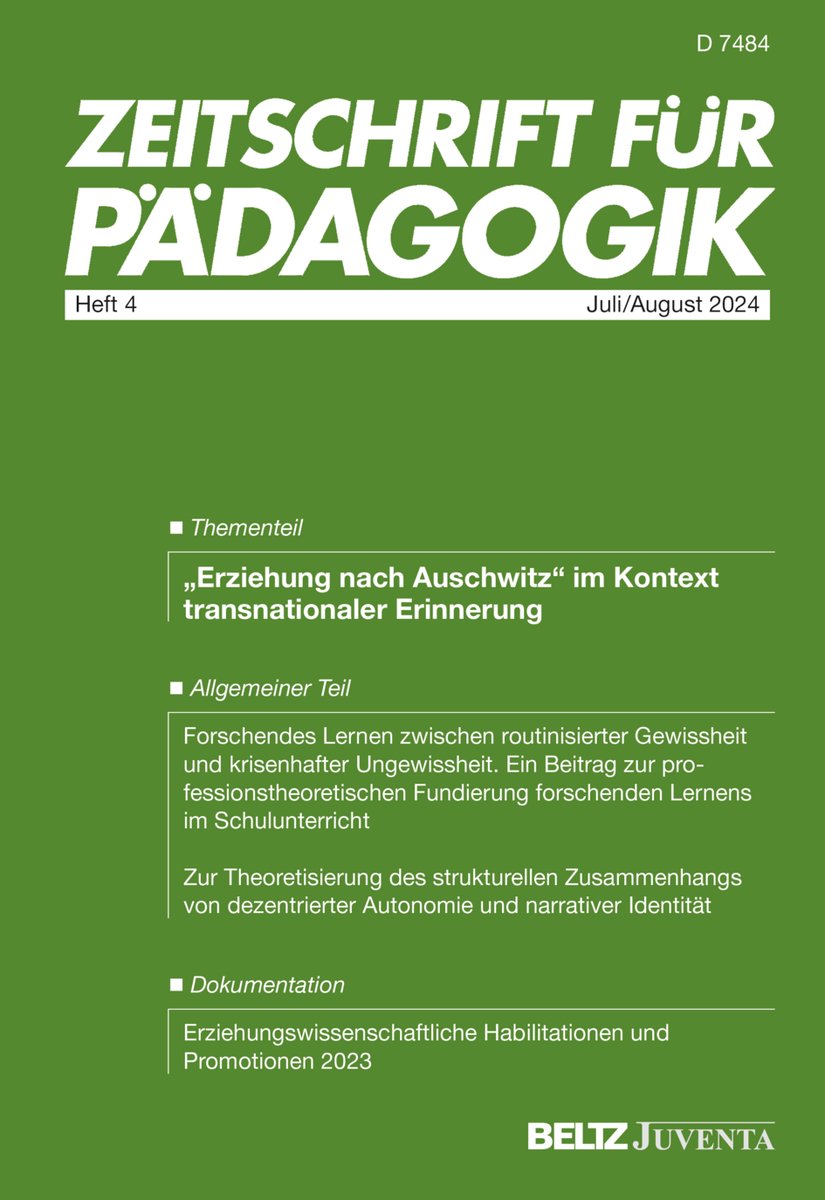 Ausgabe 4/2024 der <a href="/ZfPaed/">Zeitschrift für Pädagogik</a> beschäftigt sich mit der „#Erziehung nach Auschwitz“ im Kontext transnationaler Erinnerung. Zur Gesamtausgabe und den Einzelbeiträgen:
beltz.de/fachmedien/erz…

#Erziehungswissenschaft #Pädagogik #Lernen
#Adorno #Nationalsozialismus #Holocaust